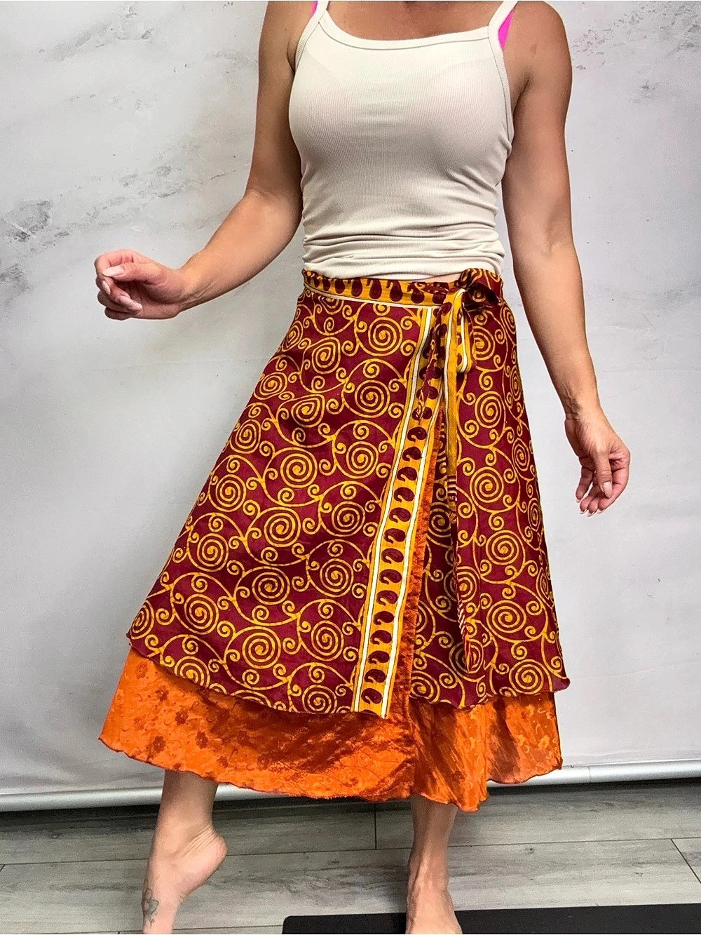 Women's Abstract Brown & Orange Midi Wrap Skirt
